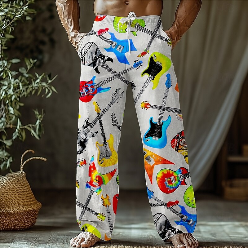 Men's Guitar Musical Instrument Trousers Baggy Pants Casual Pants Mid Waist Retro Vintage Outdoor Vacation Holiday Drawstring Side Pockets Elastic Waist Summer Spring 3D Print Black White Purple2