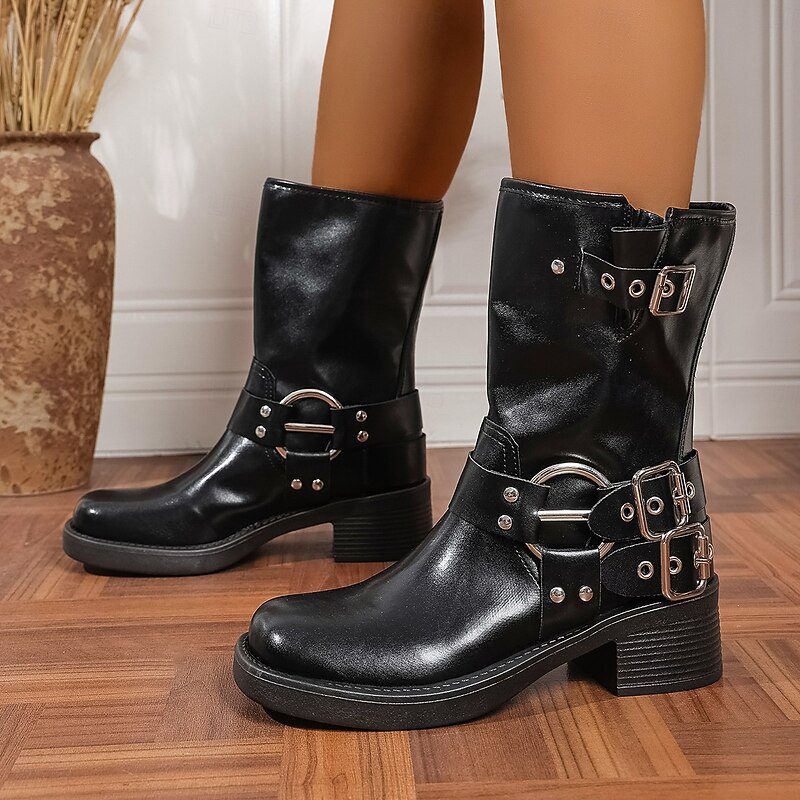Women's Brown Mid-Calf Motorcycle Boots with Buckle Straps and Block Heels, Casual Biker Style Combat Boots for Fall and Everyday Wear4