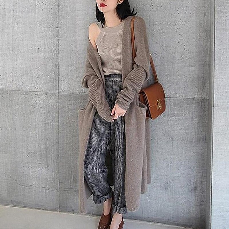 Women's Sweater Cardigan Fashion Streetwear Daily Solid Color Ribbed Open Front Knitted Long Sleeve Long Tops Knit Holiday Going out Weekend Black Camel Fall Winter3