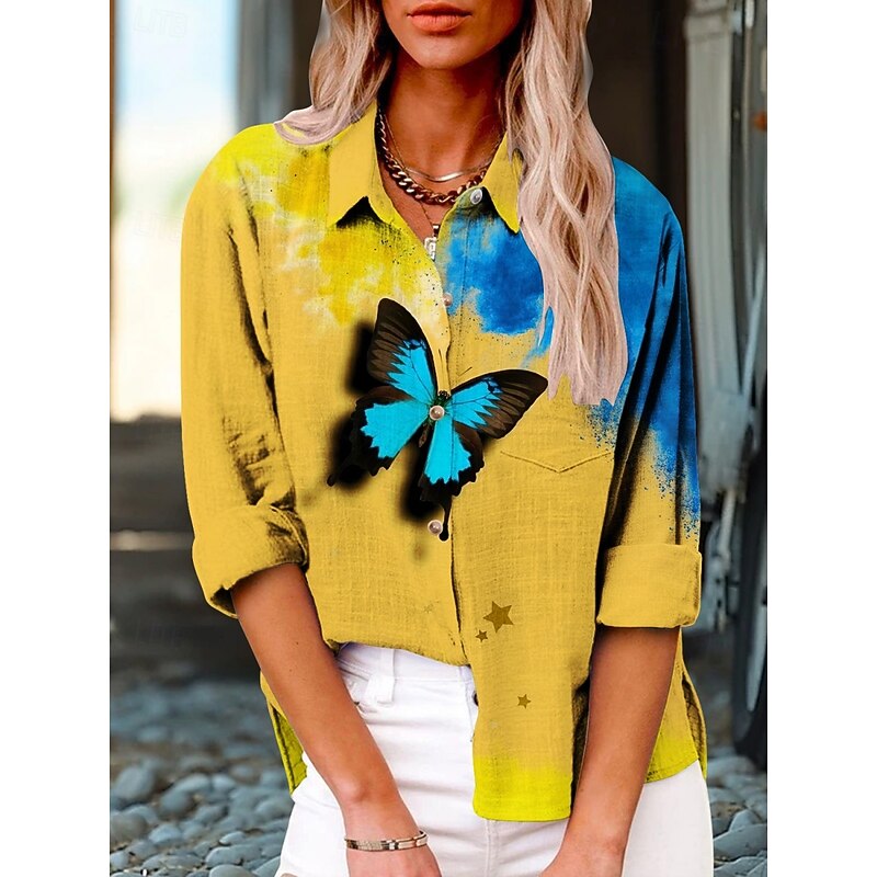 Women's Shirt Butterfly Active Daily Stylish Long Sleeve Shirt Collar Regular Tops Daily Holiday Buttons Print Black White Yellow Summer Spring Fall3
