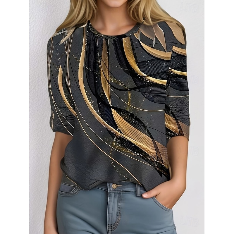 Women's T shirt Long Sleeve Crew Neck Long Sleeve Tunic Graphic Geometric Vintage Stylish Classic Round Neck Regular Tops Daily Print White Pink Green Khaki Light Grey Fall Prefall2