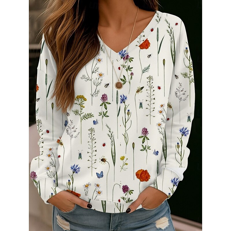 Women's Blouse Floral Stylish Modern Long Sleeve V Neck Regular Tops Daily Holiday Print White Red Blue Brown Summer Spring Fall4
