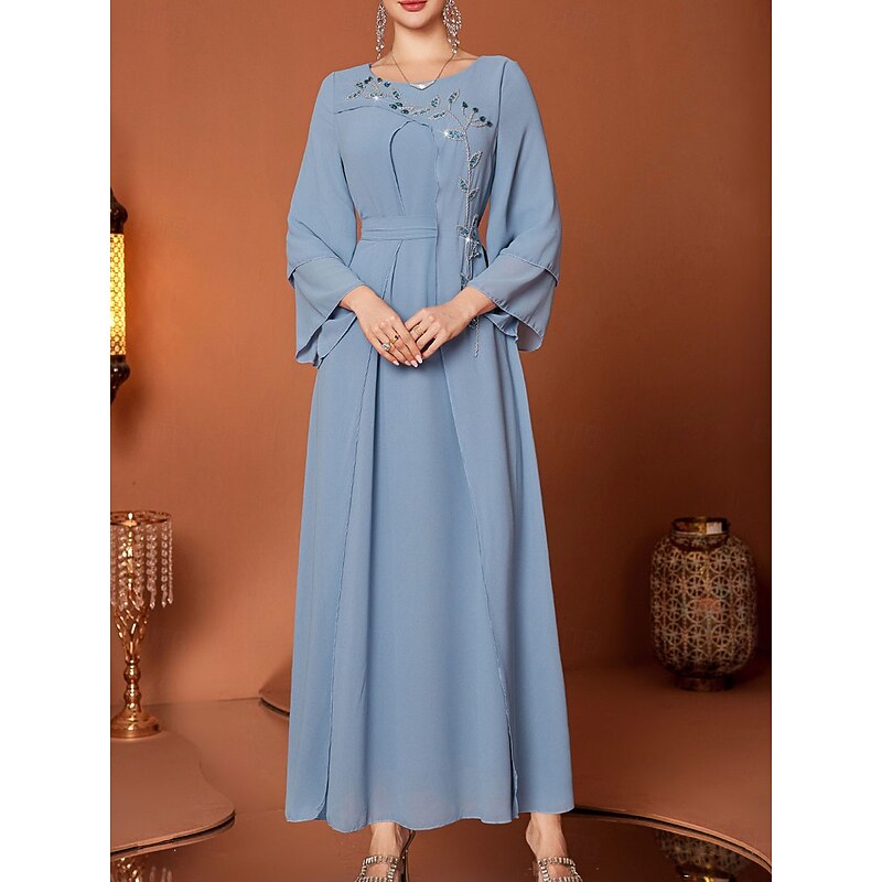 A-Line Mother of the Bride Dress Elegant V Neck Floor Length Chiffon Long Sleeve with Sash / Ribbon Crystals3