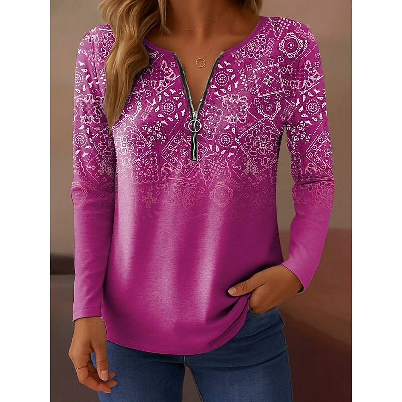 Women's T shirt Long Sleeve Quarter Zip Long Sleeve Casual Ombre Graphic Paisley Elegant Vintage Stylish V Neck Regular Tops Daily Red Blue Purple Green Khaki Spring Fall Prefall4