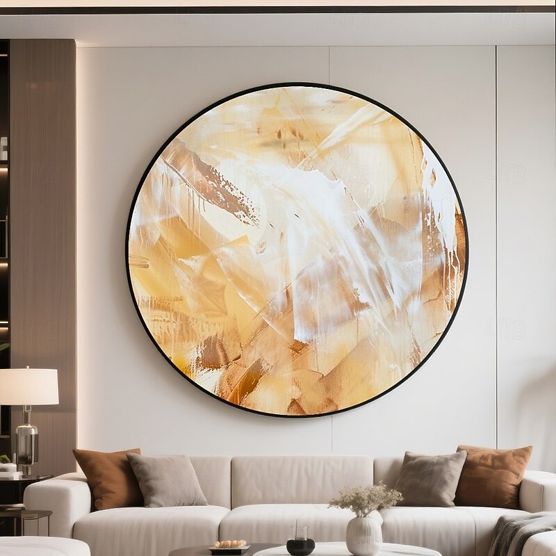 Handmade Circular Abstract Expressionist Oil Textured Palette Knife Paint Drips Neutral Earth Tones Ochre Tan White Cream Modern Organic Canvas Gallery Wall Decor Minimalist Earthy Palette4