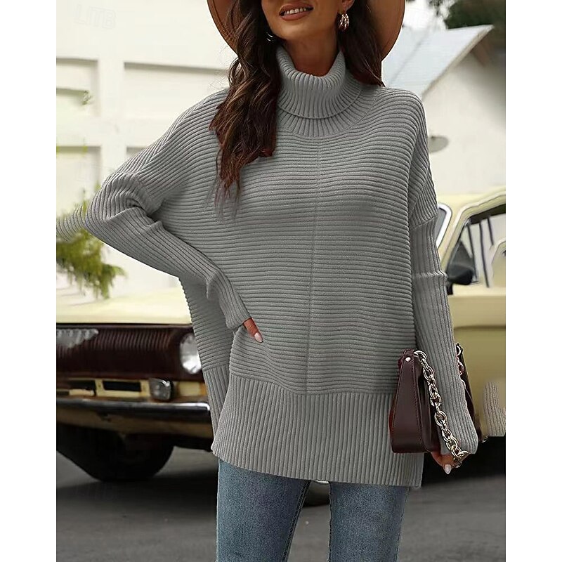 Women's Sweater Pullover Fashion Soft Solid Color Ribbed Turtleneck Knitted Split Long Sleeve Regular Tops Knit Holiday Going out Weekend Navy Blue Dark Green Fall Winter