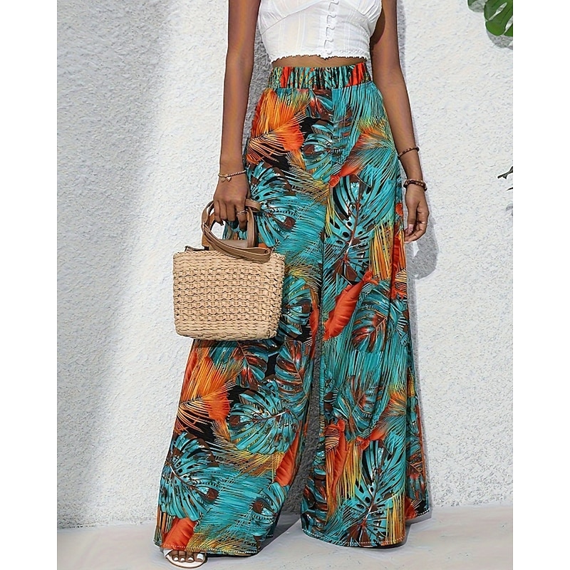 Women's Wide Leg Slacks Streetwear Casual Full Length Natural Flower Print Comfortable Street Daily Wear Weekend Blue Fall Regular Fit