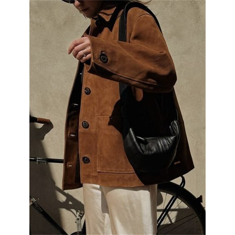 Women's Coat Comfortable Pocket Buttons Fashion Street Style Plain Outdoor Casual Daily Regular Turndown Regular Fit Long Sleeve Outerwear Brown Spring Fall2