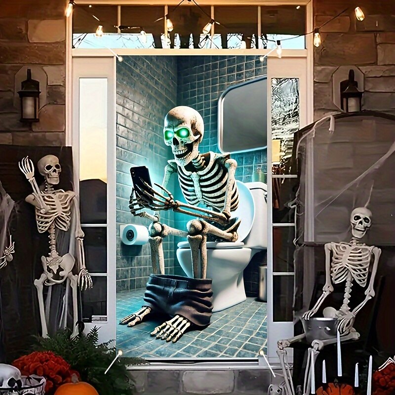 2D Door Banner 1pc Halloween Skull Bathroom Door Banner Multipurpose Polyester Party Decoration Haunted House Horror Theme No Electricity Needed with Indoor & Outdoor Use for Photo Booth4
