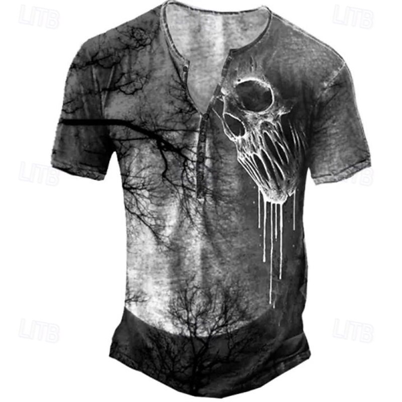Men's Halloween Skull Cool Skulls T Shirt Henley Shirt Short Sleeve Sports Fashion Designer Outdoor Street Daily Summer Dark Gray Henley Henley T-Shirt
