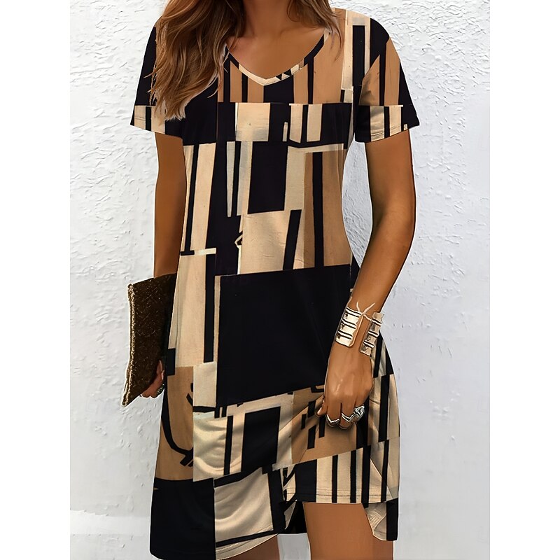Women's Mini Dress Knit Dress Casual Dress T Shirt Dress Tee Dress Sundress Vacation Casual Regular Fit Graphic Geometric Short Sleeve V Neck Black And White Yellow Pink Blue Summer Spring