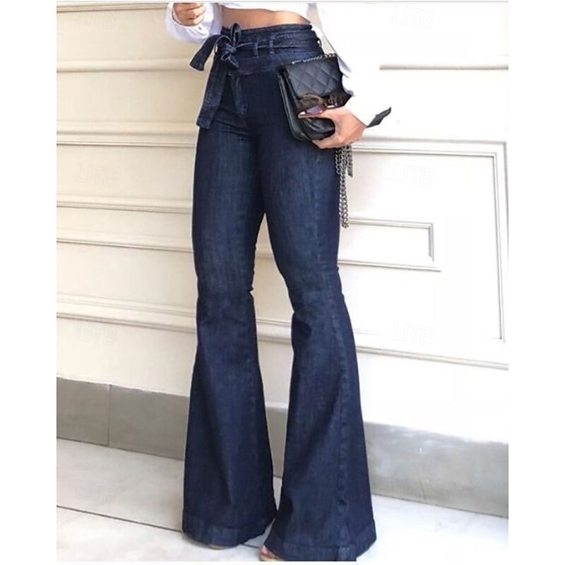 Women's Wide Leg Bell Bottom Slacks Streetwear Casual Full Length Natural Plain Elastic Waist Comfortable Vacation Going out Lake Blue Black Blue Fall Regular Fit3