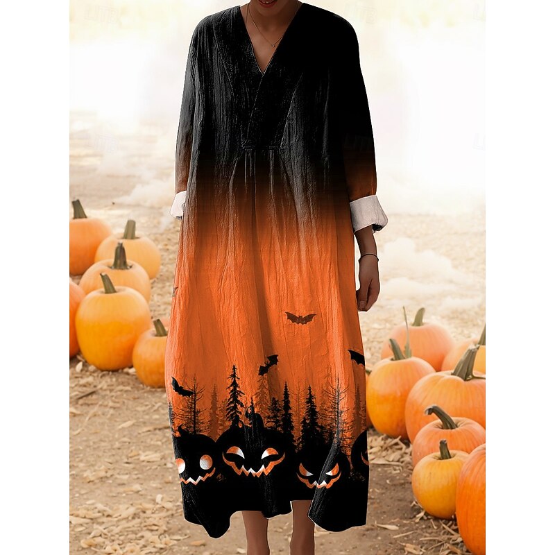 Halloween Women's Witch Print Midi Dress V Neck Long Sleeve Kaftan Lightweight Loose Fit A Line Dress Casual Going out Graphic Long Sleeve V Neck Yellow Orange Green Rainbow Fall3