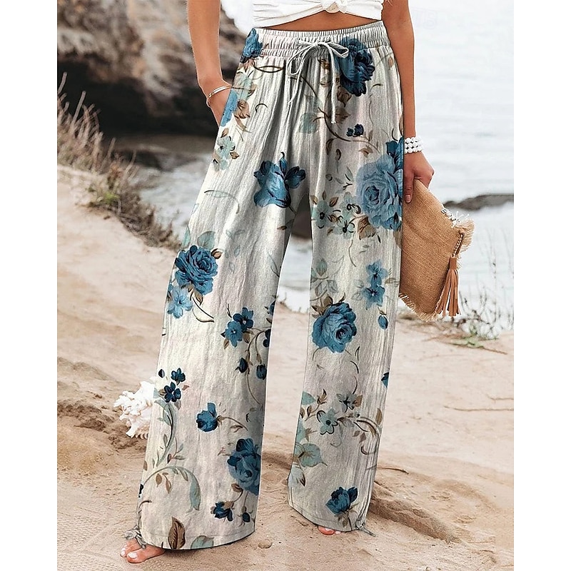 Women's Wide Leg Pants Trousers Palazzo Pants Fashion Boho Full Length High Waist Flower Elastic Waist Drawstring Print Breathability Comfortable Street Daily Wear Going out Blue Spring Fall Regular