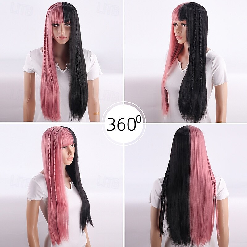 Pink and Black Long Straight Wig for Women – Full Head Cap, Realistic Model Wig, Perfect for Halloween Cosplay, Fashion, and Daily Wear3