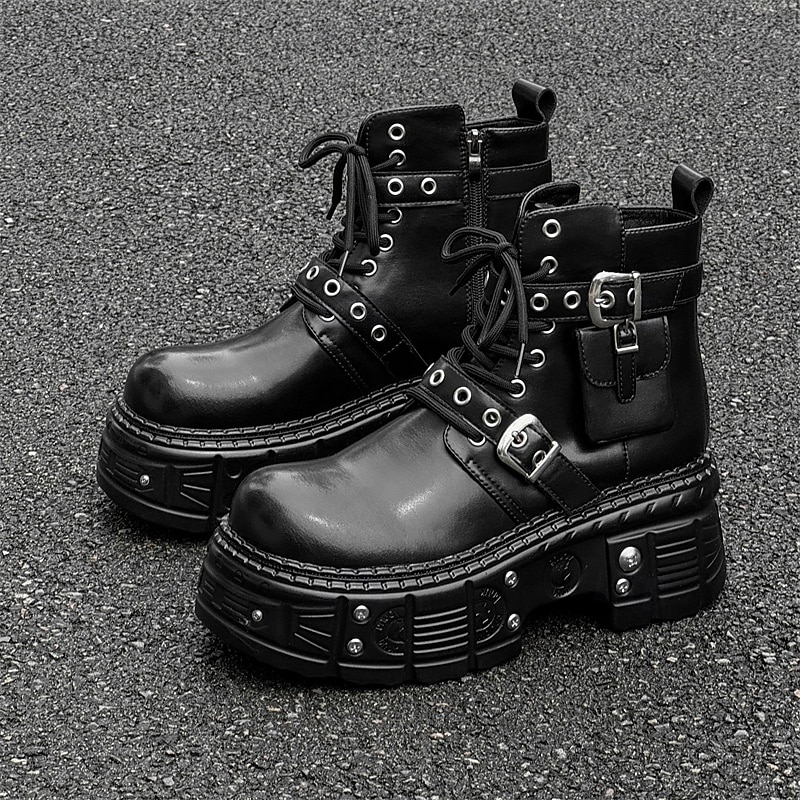 Men's Black Rivet Buckle Combat Boots – Gothic Platform Lace-Up Ankle Boots for Concerts, Biker Style & Punk Events3
