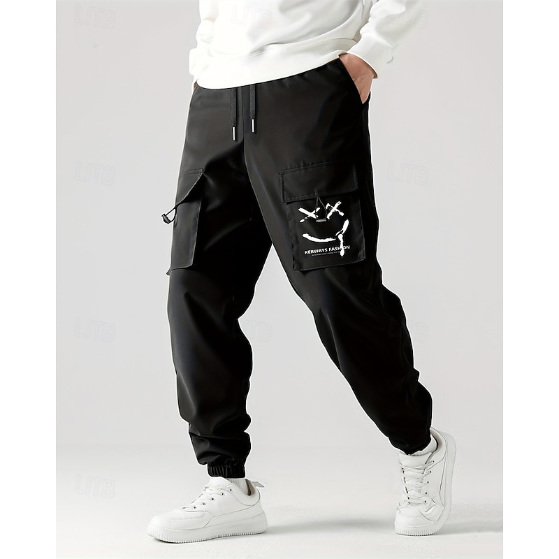Men's Cargo Pants Joggers Trousers Elastic Waist Drawstring Multi Pocket Smile Face Wearable Outdoor Daily Camping & Hiking Fashion Classic Black Wine