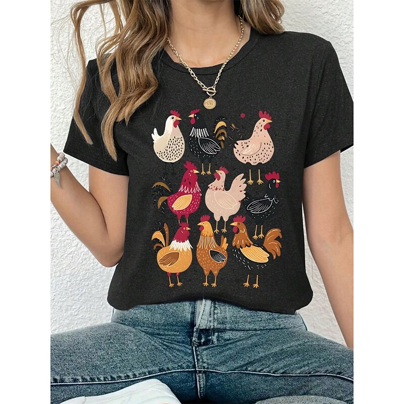 Women's T Shirt Graphic Animal Rooster Vintage Stylish Classic Short Sleeve Round Neck Regular Tops Daily Print Black Red Green Summer3