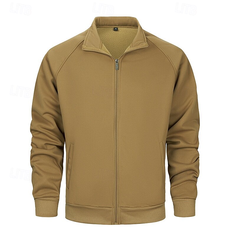 Men's Fleece Jacket Casual Jacket Vacation Daily Breathability Pocket Spring Fall Plain Fashion Classic Stand Collar Regular Black Khaki Army Green Gray Jacket