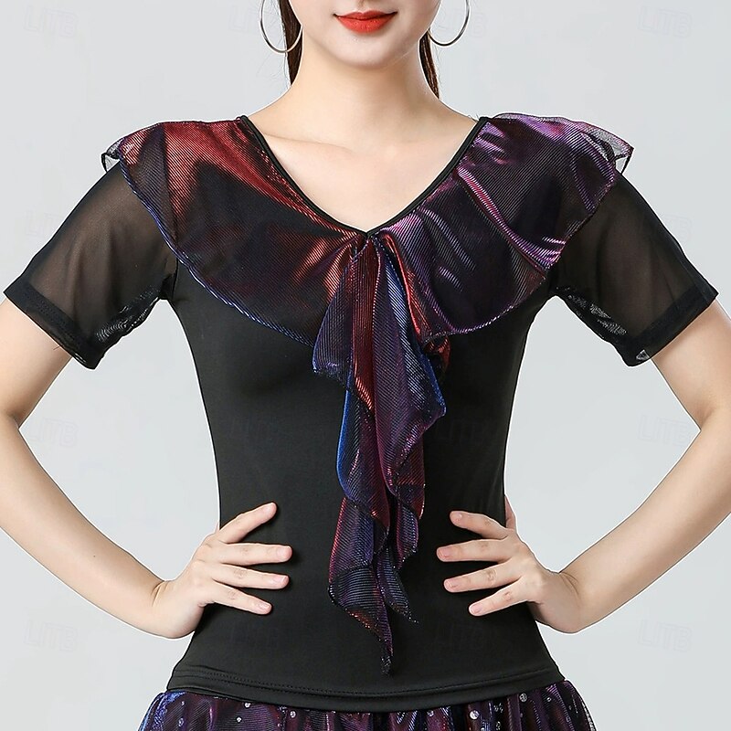 Latin Dance Top Pure Color Splicing Tulle Women's Performance Training Short Sleeve High Polyester