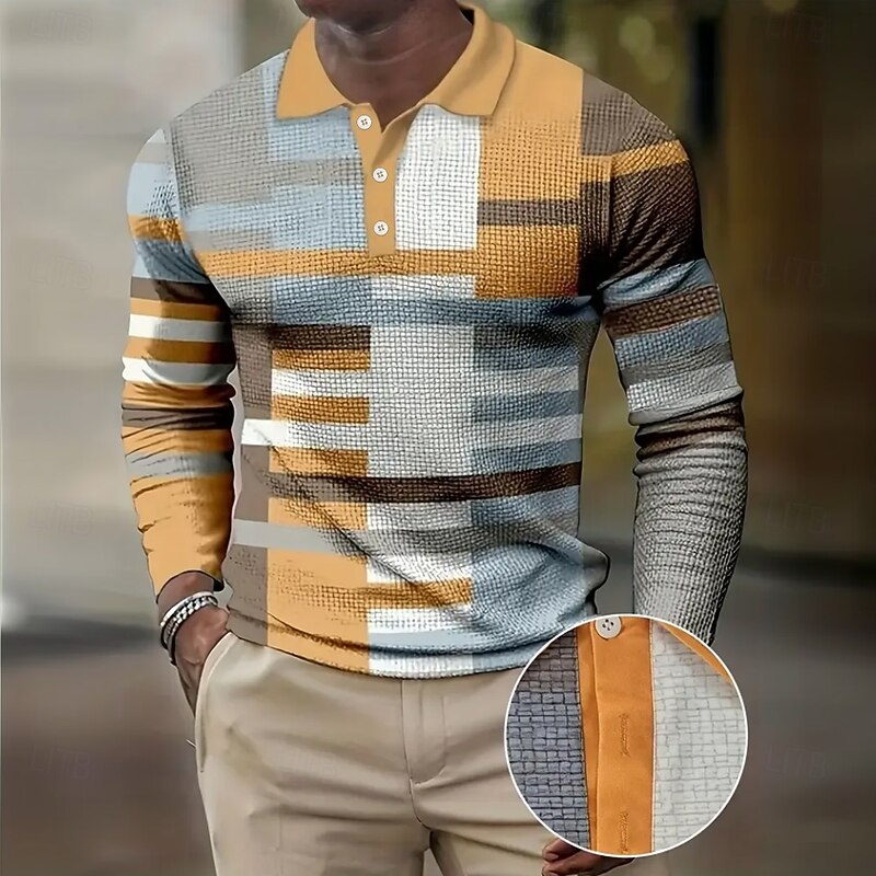 Men's Color Block Patchwork Waffle Polo Shirts Long Sleeve Polo Shirts Collared Shirts Business Casual Business Wear to work Daily Wear Buttons Spring Fall Winter Blue