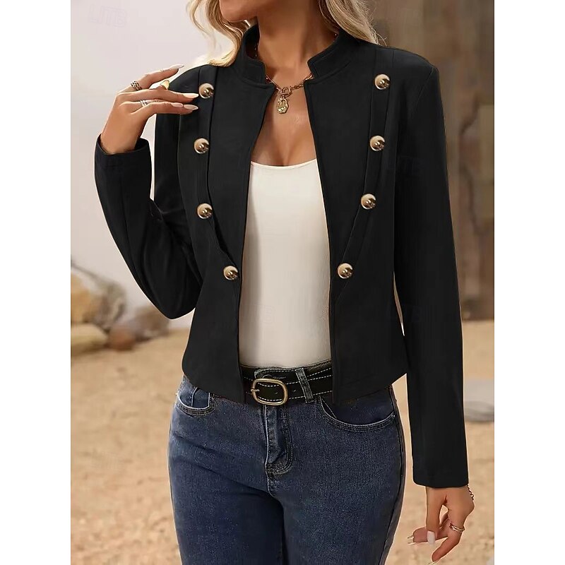 Women's Blazer Comfortable Breathable Buttons Fashion Modern Plain Work Daily Regular Stand Collar Regular Fit Long Sleeve Outerwear Black Spring Fall2