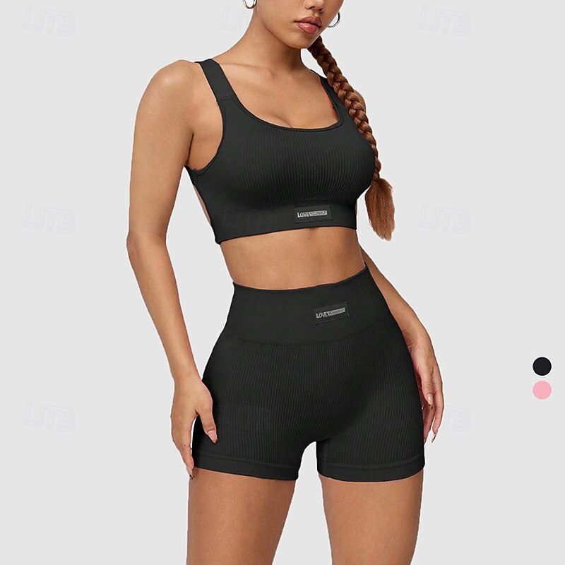 Women's 2 Pieces Sports Bras Workout Sets Yoga Outfits Padded Solid Color Clothing Suit Black Pink Gym Workout Volleyball Running High Waist Stretchy Breathable Sport Activewear Tight Fit3