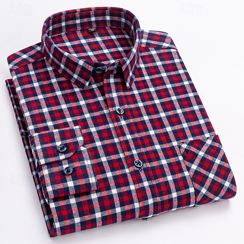 Men's Shirt Flannel Shirt Plaid Shirt Button Up Shirt Overshirt Plaid / Striped / Chevron / Round Daily Wear Corporate Clothing Light Pink Navy blue+white Dark Red Red Long Sleeve Shirt Collar All2