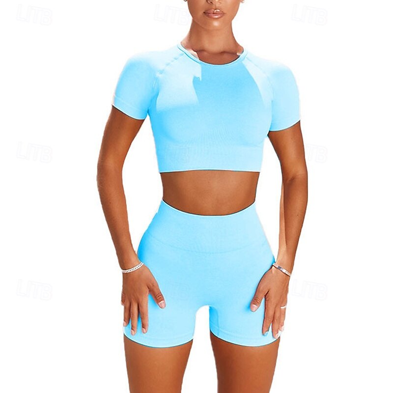 Women's 2 Pieces Workout Sets Shorts and Crop Top Solid Color Clothing Suit Black Pink Gym Workout High Waist Stretchy Breathable Short Sleeve Sport Activewear Slim4