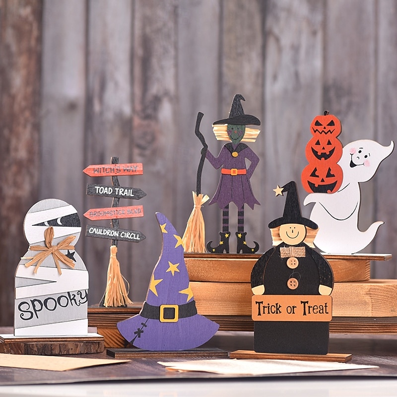 Halloween Wooden Witch and Ghost Figurines, Hand-Painted Tabletop Decorations for Spooky Party Display, Holiday Home Decor and Photo Props