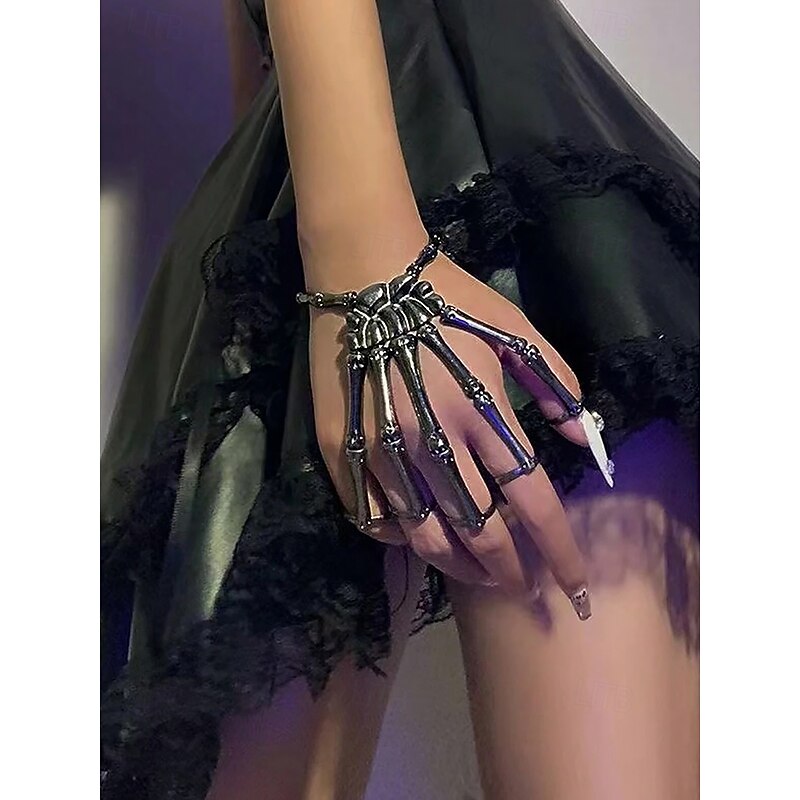 Women's Halloween Alloy Skeleton Hand Bracelet – Adjustable Punk Gothic Style Finger Rings for Parties and Cosplay