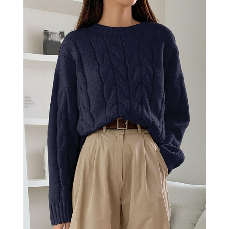 Women's Sweater Pullover Daily Stylish Casual Solid Color Ribbed Crew Neck Knitted Long Sleeve Regular Tops Knit Daily Holiday Going out Wine Red Navy Blue Fall Winter3
