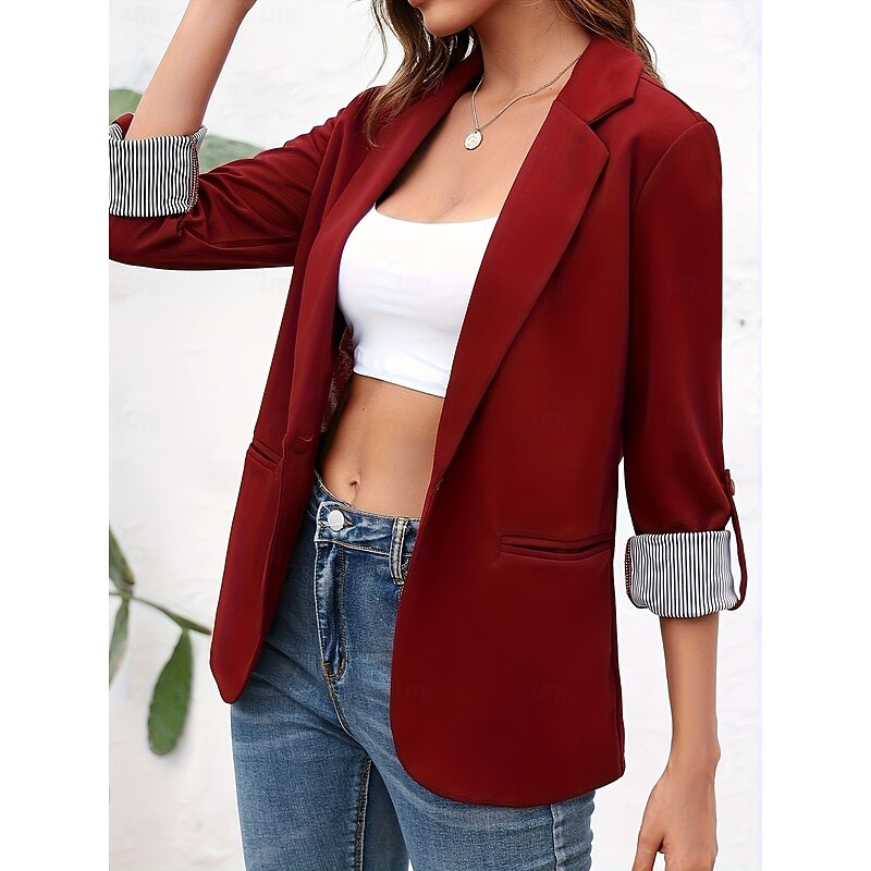 Women's Blazer Comfortable Breathable Buttons Fashion Modern Plain Work Daily Regular Turndown Regular Fit Long Sleeve Outerwear Black Red Burgundy Spring Fall4