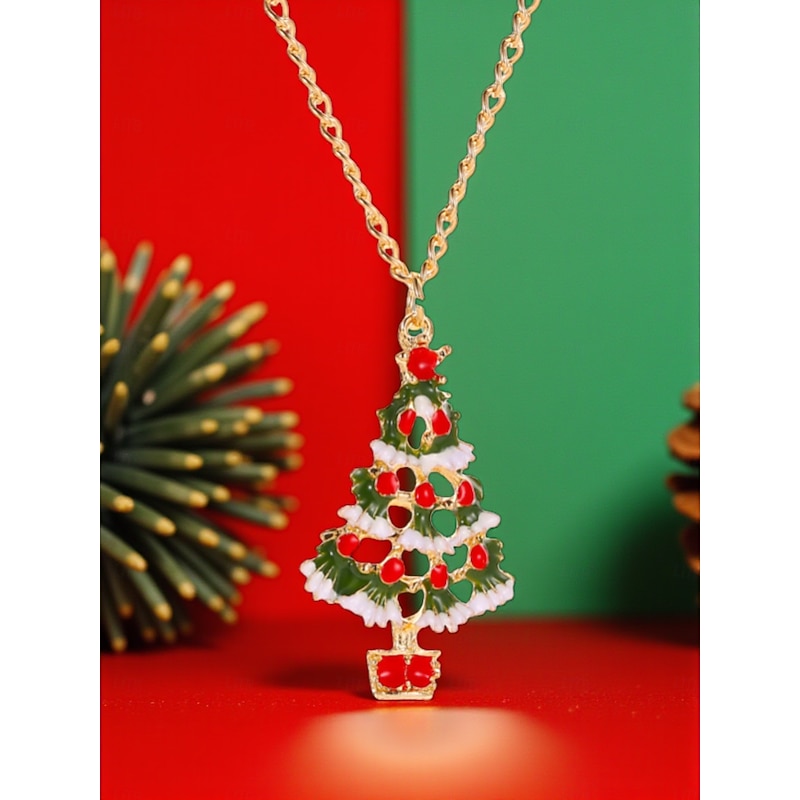Women's Christmas Tree Jewelry Set with Festive Enamel Pendant Necklace and Drop Earrings - Holiday Party Accessories for Christmas Celebrations and Gift Giving3