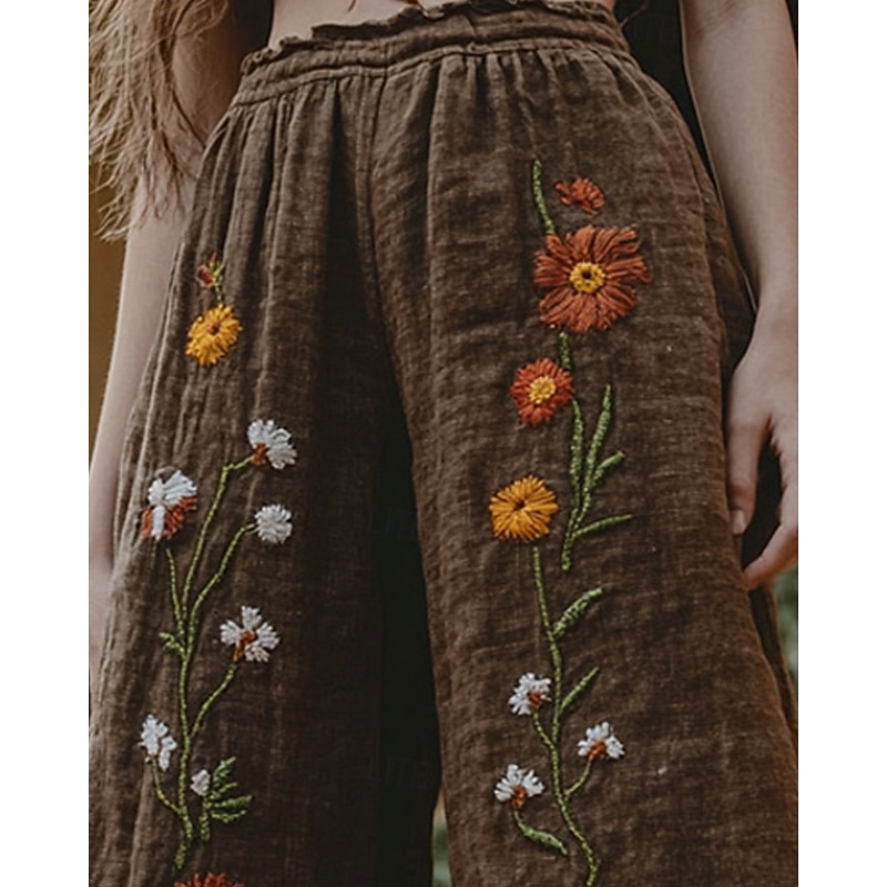 Women's Wide Leg Pants Trousers Palazzo Pants Fashion Boho Full Length High Waist Flower Elastic Waist Print Breathability Comfortable Street Daily Wear Going out dark brown Coffee Spring Fall3