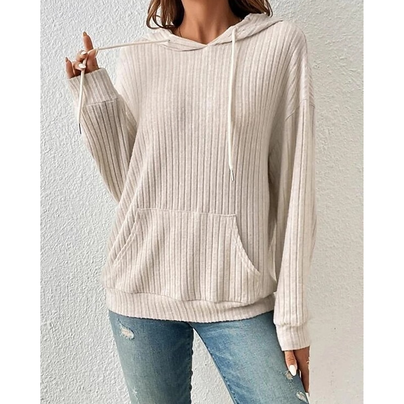 Women's Texture Sweatshirt Pullover Hoodie Sweatshirt Plain Streetwear Casual Comfy Long Sleeve Hooded Regular Tops Street Holiday Going out Front Pocket Black Beige Gray Fall