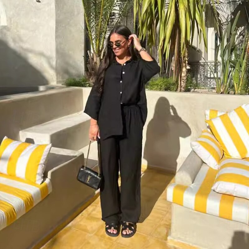 Women's 100% Cotton Elegant Vacation Vintage Shirt Pants Sets Long Sleeve Shirt Collar Solid Color Vacation Office Work Black White Army Green Summer Regular Fit3