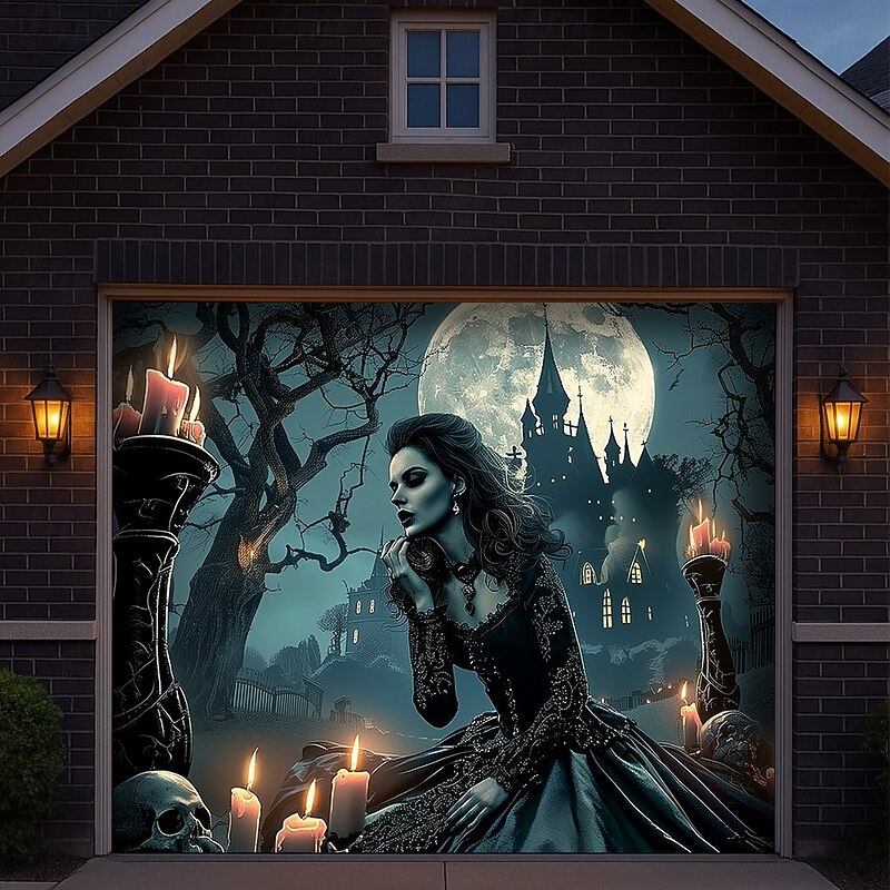 Halloween Garage Door Cover Zombie Bride in Haunted Graveyard Banner, Large Tapestry Backdrop Decoration for Holiday Outdoor Garage Door and Home Wall, 2025 Halloween Decorations3