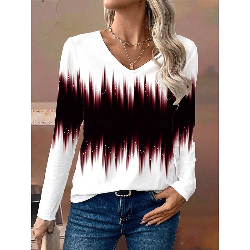 Women's T Shirt V Neck Long Sleeve Tunic Ombre Graphic Vintage Casual Regular Tops Daily Print Black Blue Fuchsia Spring Fall4