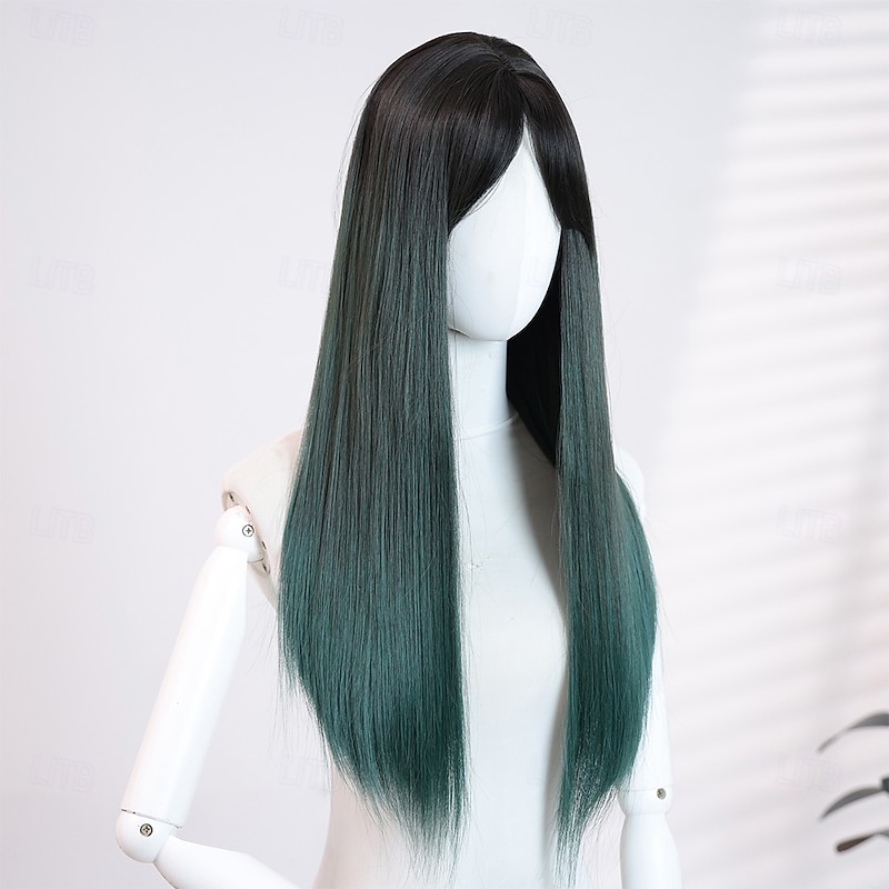 Women's 22″ Ombre Green Straight Halloween Wig – Full Bangs, Heat‑Resistant Synthetic Long Hair for Costume & Everyday Fashion3