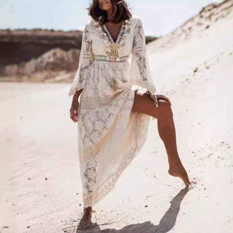 Women's Maxi Dress Sundress A Line Dress Vacation Party Birthday Party Going out Beach Solid Color 3/4 Length Sleeve V Neck White Apricot2