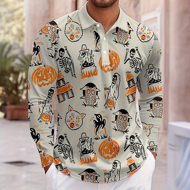 Halloween Men's Pumpkin Witch Polo Long Sleeve Polo Shirts Lapel Casual Outdoor Daily Wear Festival Outfit 3D Print Buttons Spring Fall Winter Orange