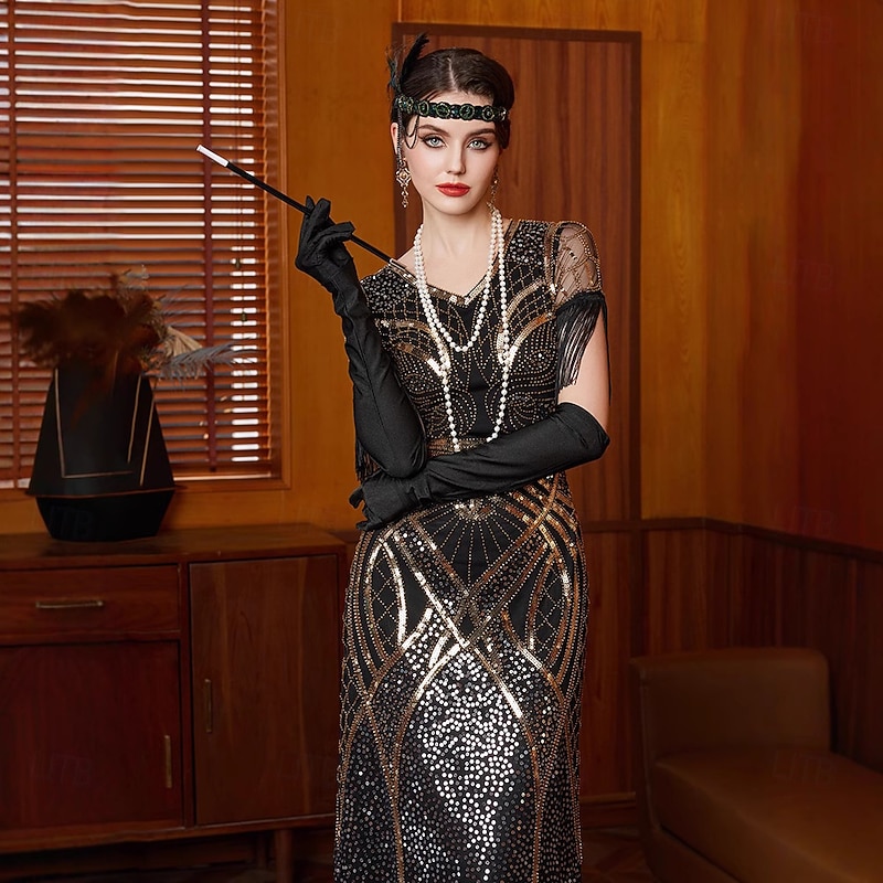 Retro Vintage Roaring 20s 1920s Ankle Length Flapper Dress Cocktail Dress Prom Dress The Great Gatsby Flapper Girl Sequins Fringe V Neck Fancy Dress Women's Christmas Halloween Carnival Wedding3