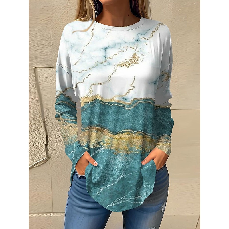 Women's T Shirt Graphic Abstract Vintage Fashion Stylish Long Sleeve Crew Neck Regular Tops Weekend Print Pink Blue Sky Blue Green Spring Fall