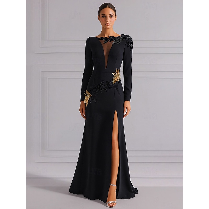 Black and Gold A-Line Evening Gown Elegant Dress Formal Tuxedo Dress Wedding Sweep / Brush Train Long Sleeve V Neck Stretch Crepe with Sequin Embroidery