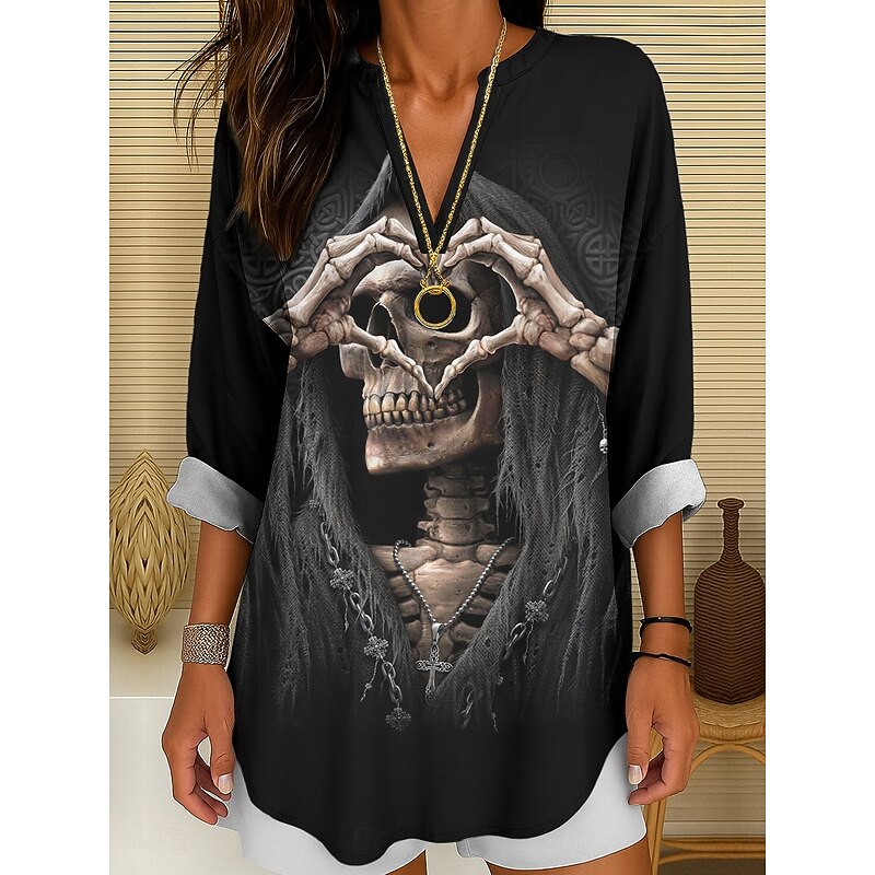 Halloween Women's Blouse Skulls Print Tunic V Neck Long Sleeve Boho Casual Heart LOVE Graphic Vintage Stylish Regular Tops Daily Print Black White Orange Fall