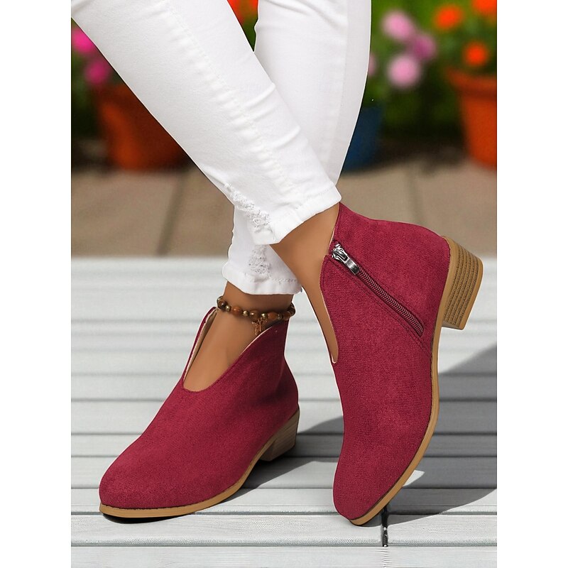 Women's Red Faux Suede Ankle Boots with Side Zipper – Casual & Elegant Style for Garden Parties, Park Walks and Daily Wear4