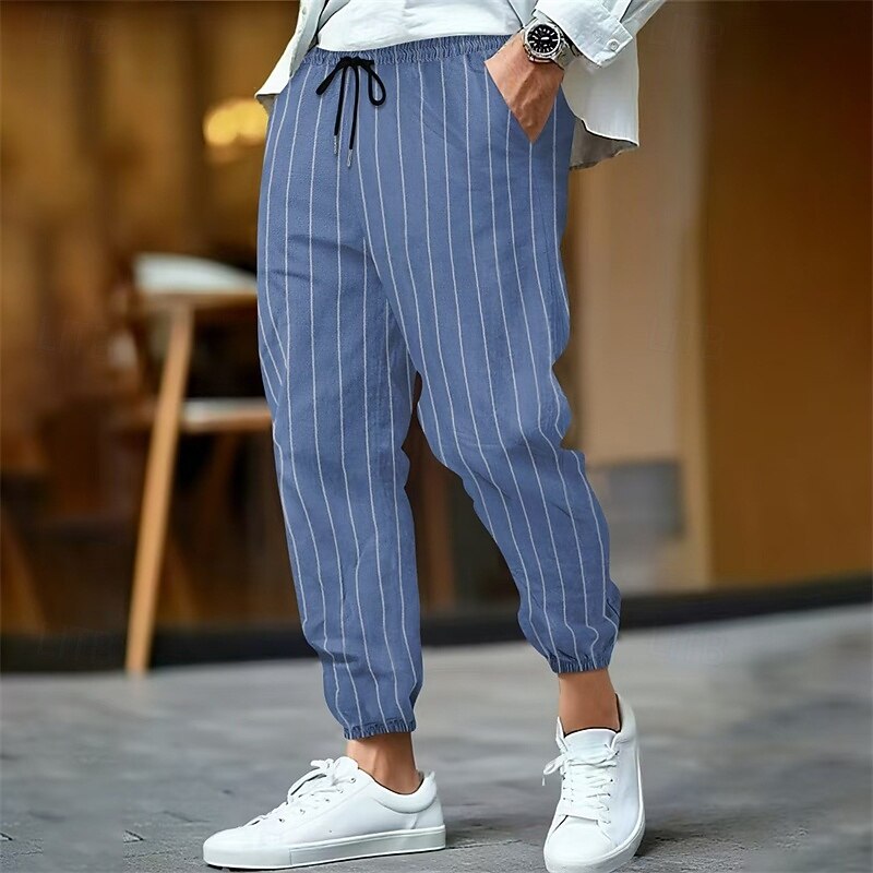 Men's Cotton Linen Pants Athletic Pants Sweatpants Joggers Trousers Pocket Elastic Waist Drawstring Striped Comfort Sports Outdoor Daily Fashion Casual Black White Micro-elastic4