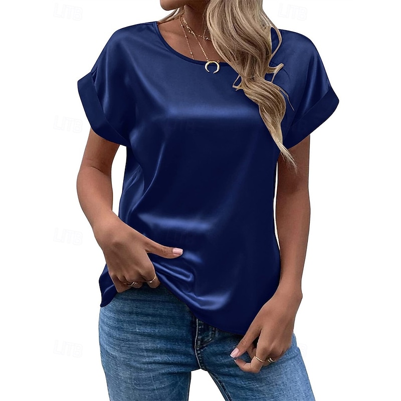 Women's T Shirt Tee Top Plain Fashion Modern Short Sleeve Crew Neck Regular Satin Tops Daily Going out Weekend Wine Army Green Navy Blue Khaki Beige Summer2