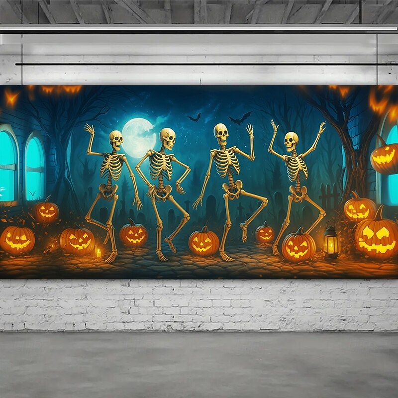 Halloween Garage Door Cover Dancing Skeletons and Pumpkins Banner, Large Tapestry Backdrop Decoration for Holiday Outdoor Garage Door and Home Wall, 2025 Halloween Decorations3